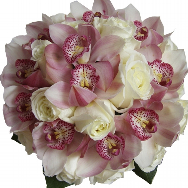 Buque de noiva com rosas brancas e orquídea rosa