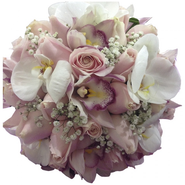 Buque de noiva com rosas cor de rosa clara e orquídea