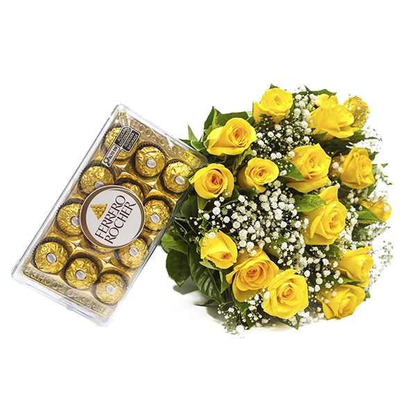 Buquê de 12 Rosas Amarelas  e Ferrero Rocher