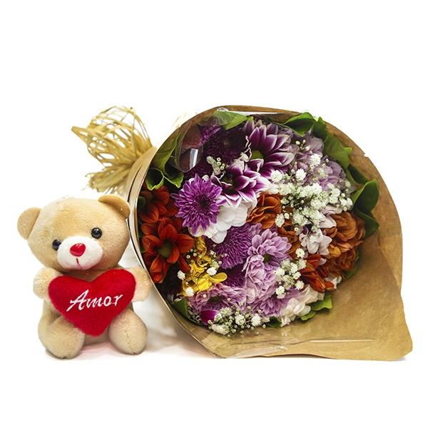 buque mimo de flores campestre com urso pepito