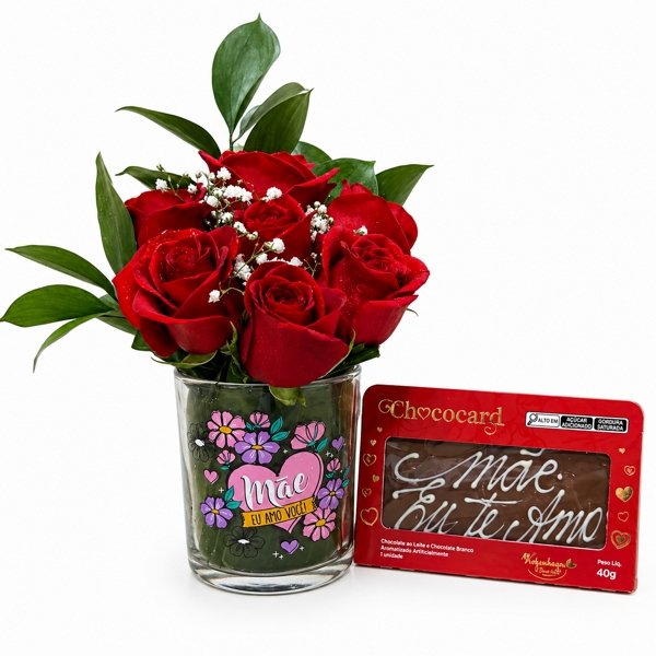 Flores na Caneca Com Chocolate Mãe Eu Te Amo