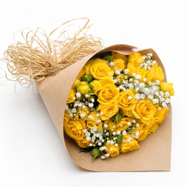 Buquê Mini Rosas Sprays Amarelas No Papel Kraft