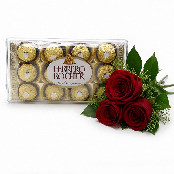 Buquê Com Três Rosas Vermelhas Nacionais e Ferrero Rocher - 12 Unidades