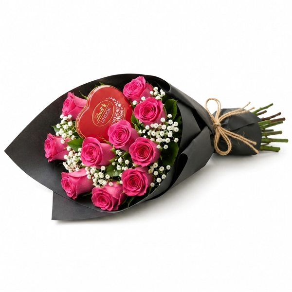 Buquê Sofisticado de Rosas Pink com Lindt