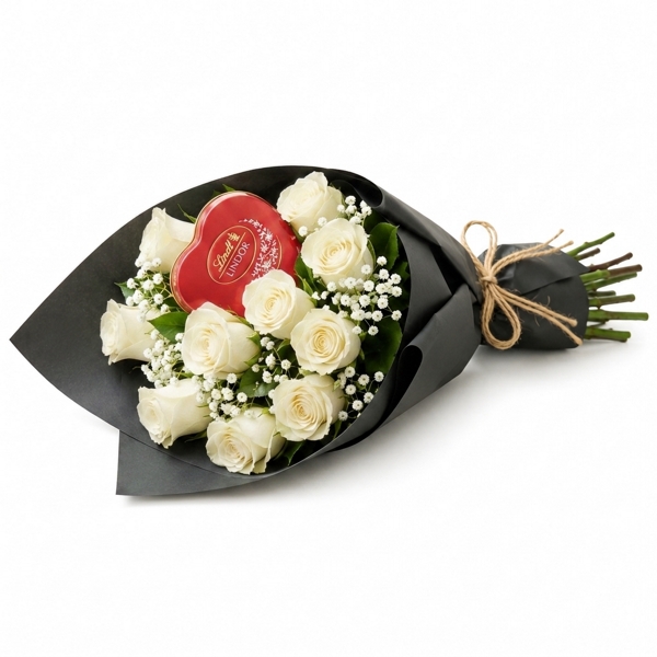 Buquê Sofisticado de Rosas Brancas com Lindt