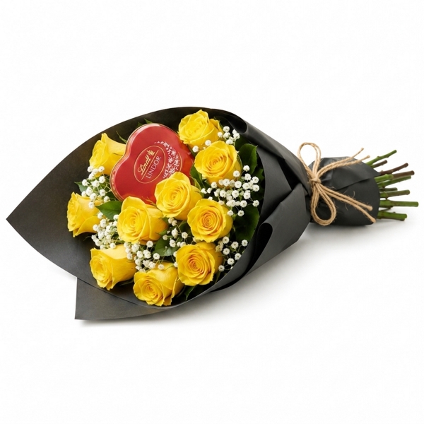 Buquê Sofisticado de Rosas Amarelas com Lindt