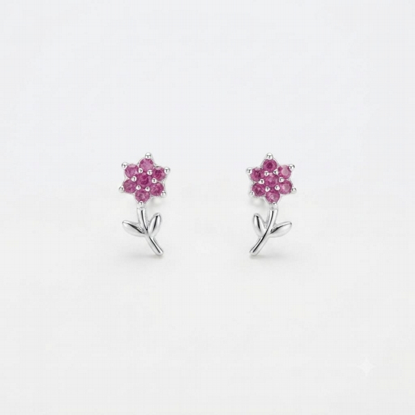 Brinco de Prata Flor Cravejada Pink
