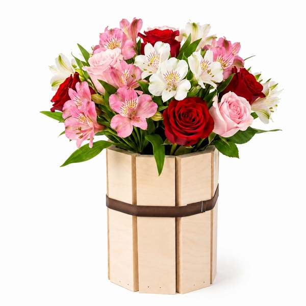 Arranjo de Rosas Vermelhas com Astromélias Brancas e Cor-de-Rosa no Vaso de Made