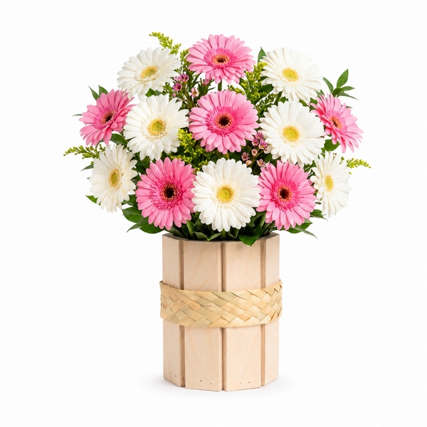 Arranjo com Mix de Gérberas Rosa e Branca no Vaso de Madeira
