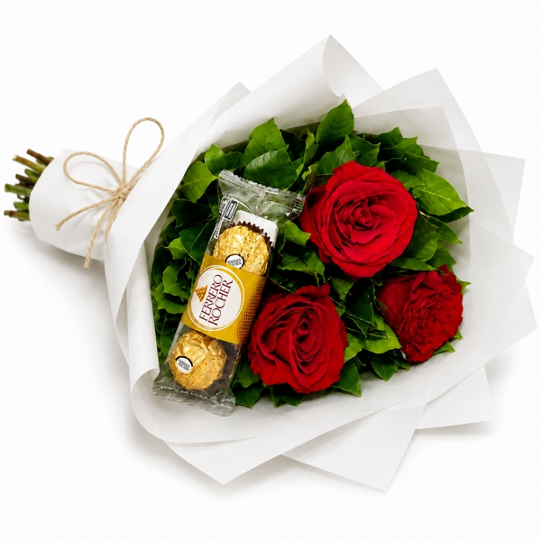Buque com 03 Rosas Colombianas e Ferrero Rocher 03Unidades