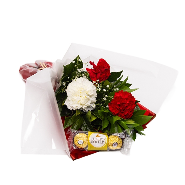 Ramalhete com 3 Cravos- 2 Vermelhos e 1 Branco e Chocolate Ferrero 3Un