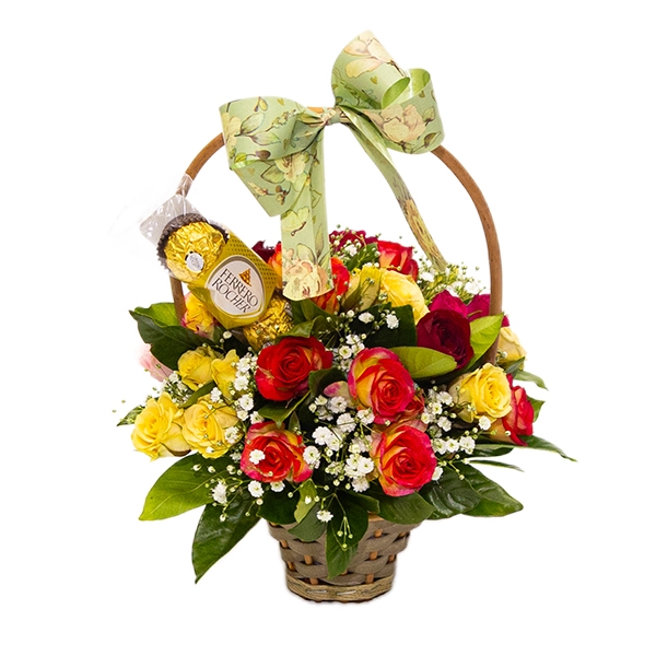 Cesta Encanto das Mini Rosas com Ferrero Rocher