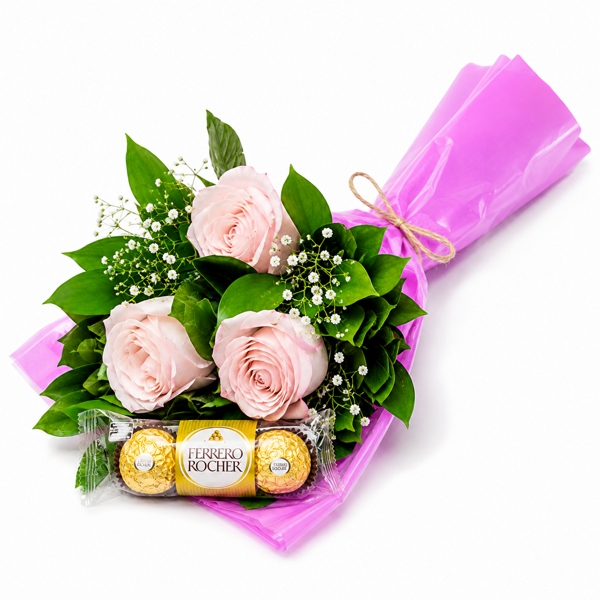 Ramalhete com 3 Rosas Cor de Rosa e Chocolate Ferrero 3Un