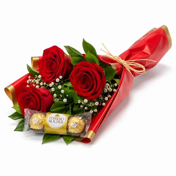 Ramalhete com 3 Rosas Vermelhas e Chocolate Ferrero 3Un