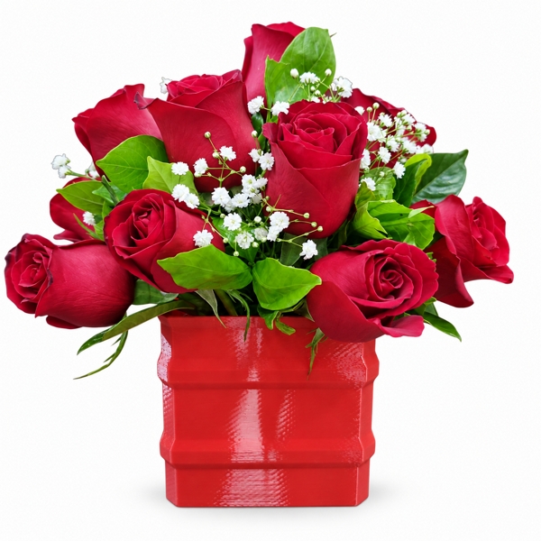 Arranjo de Rosas Vermelhas em Vaso Vermelho
