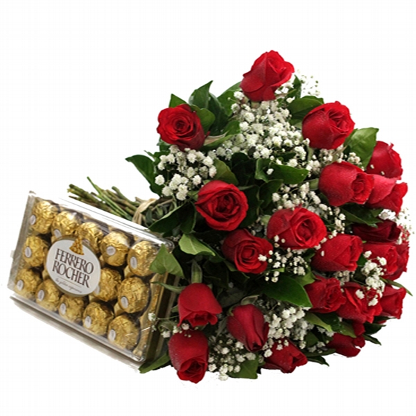 Buquê de Rosas Vermelhas de 20 unidades + Ferrero Rocher 12 unidades