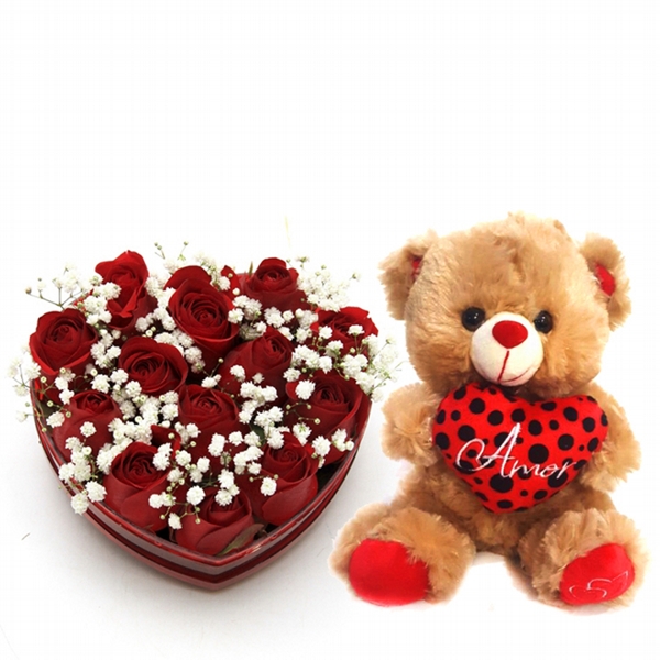 Coração Com Rosas Vermelhas Com Urso De Pelúcia Pitchuca BEGE