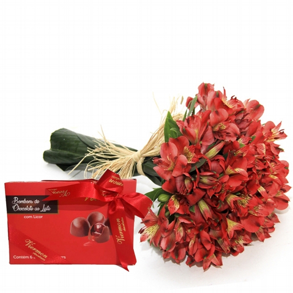 Buquê De Alstromérias Vermelhas No Celofane Com Chocolate Viermon Licoroso