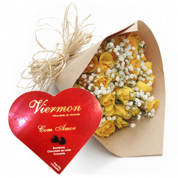 Buquê de 12 Rosas Amarelas No Papel Kraft Com Chocolate Viermon Coração